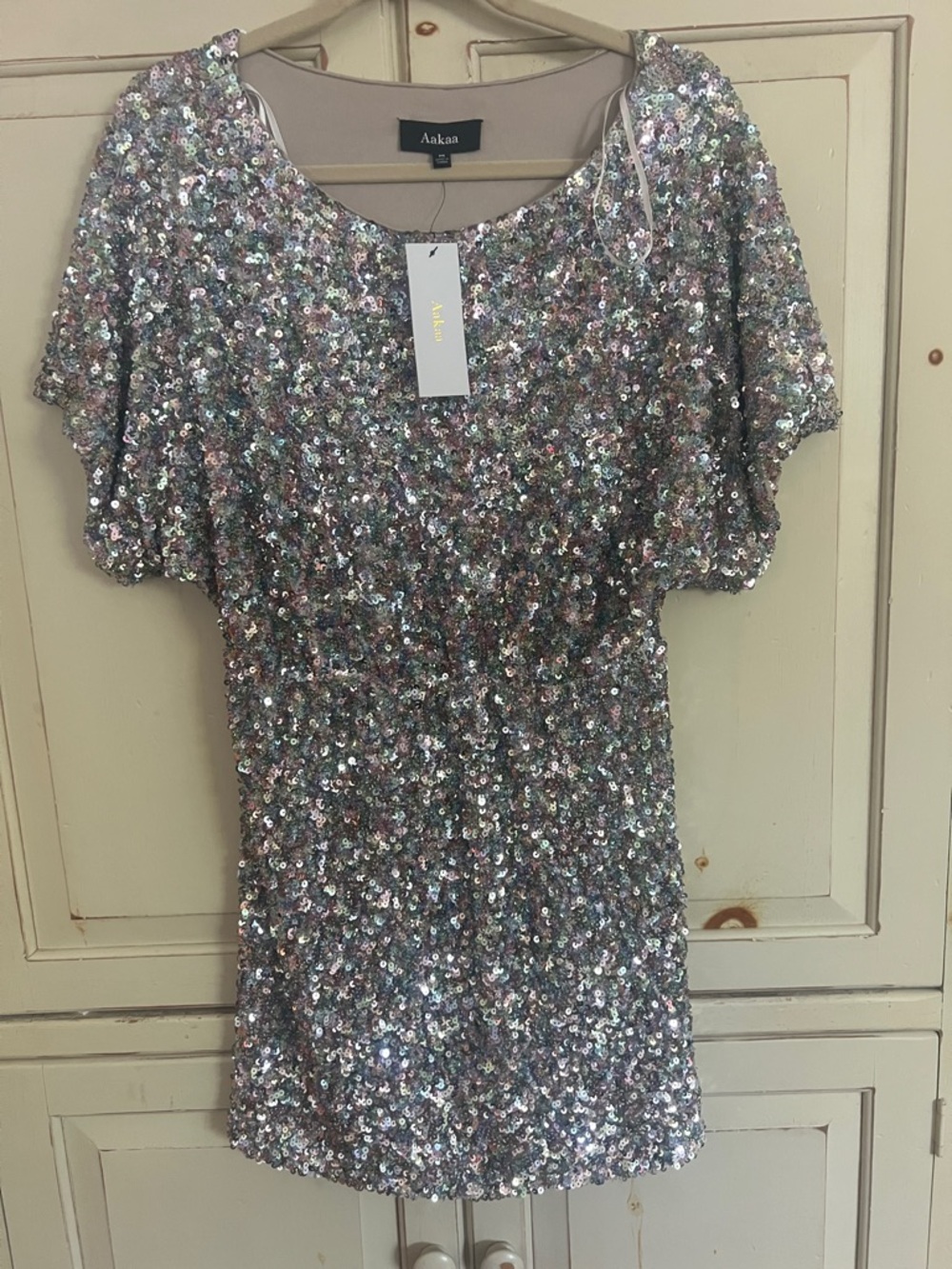 Aakaa Silver Sequin Mini Dress with Iridescent Shine